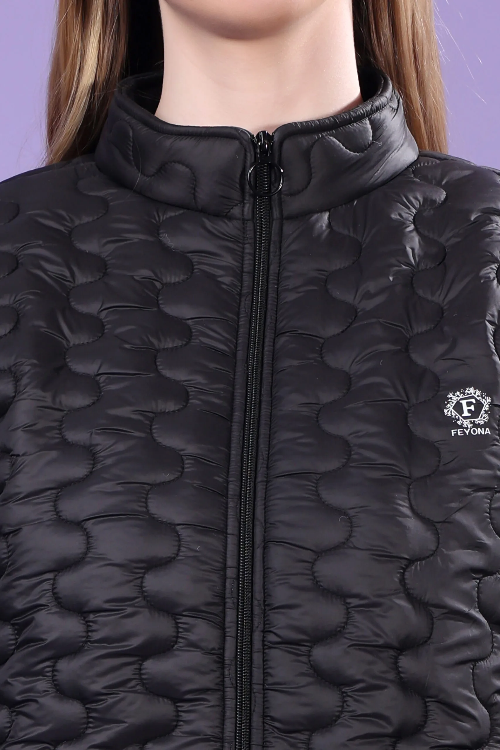 Feyona Polyester Self Design padded Thigh long Jacket for Women-Black - Image 8