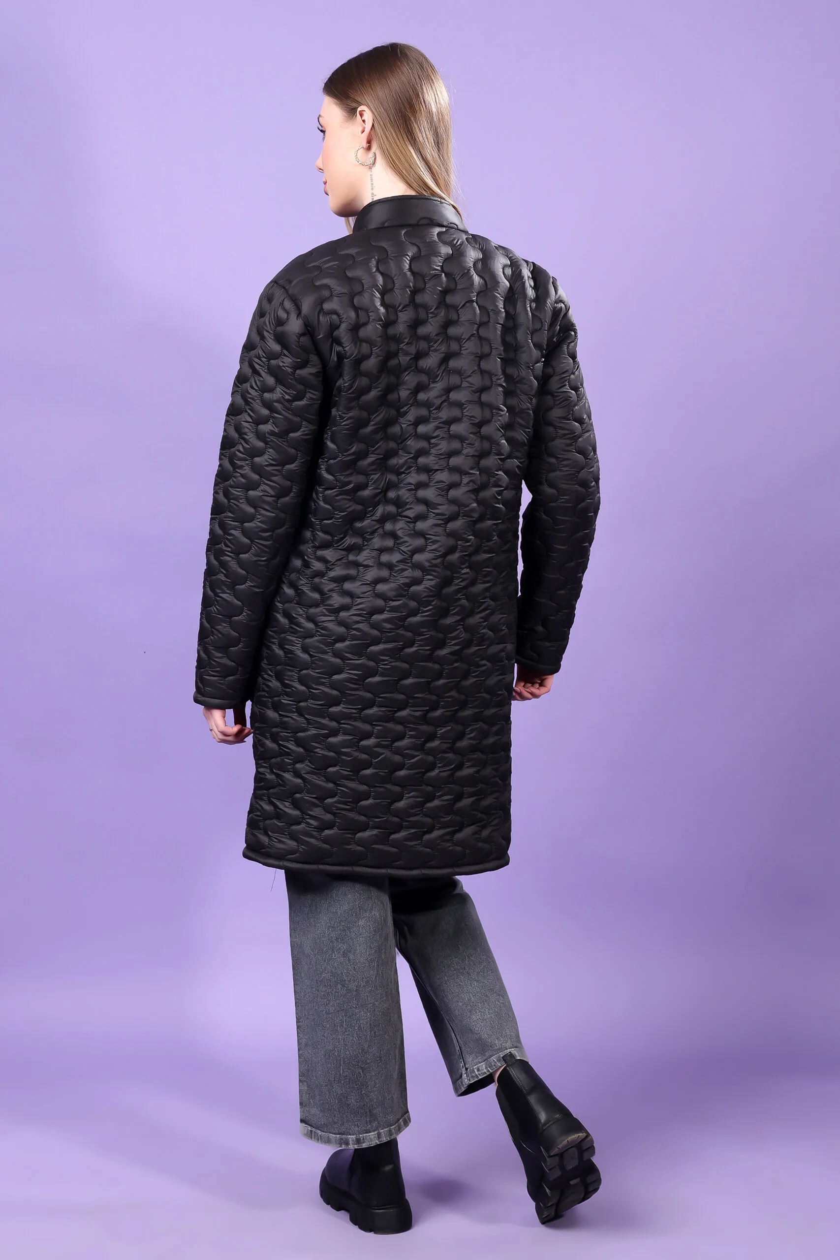 Feyona Polyester Self Design padded Thigh long Jacket for Women-Black - Image 9