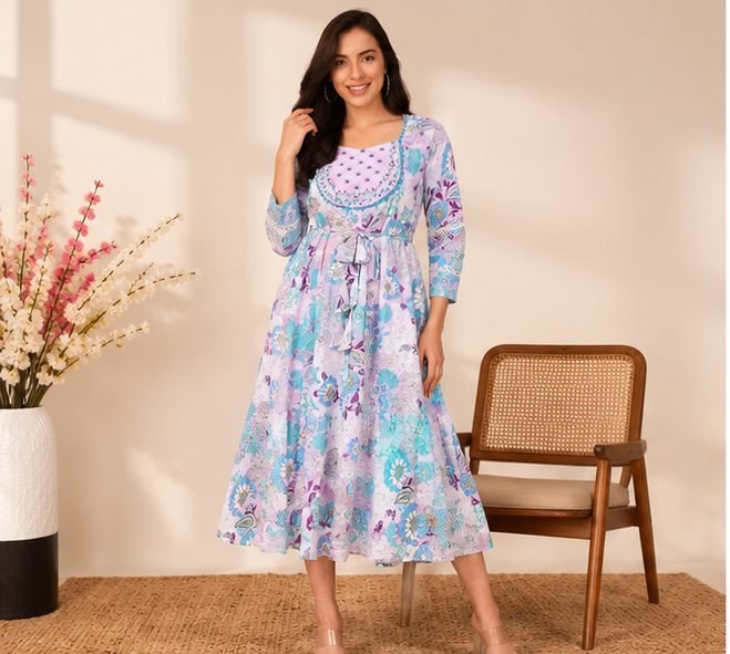 RANGRIWAZ Women Floral Printed Fit & Flare Midi Dress with Tie-Up Waist