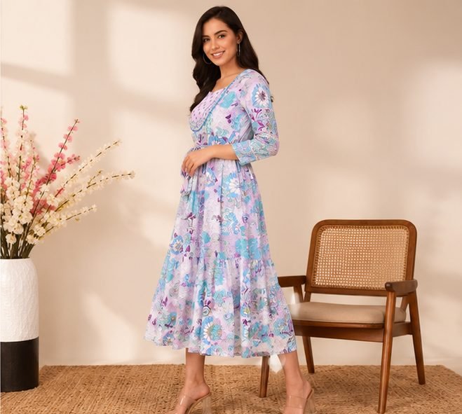 RANGRIWAZ Women Floral Printed Fit & Flare Midi Dress with Tie-Up Waist - Image 2