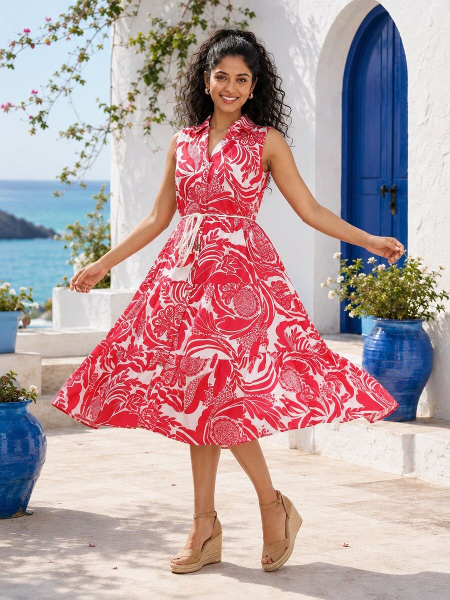 RANGRIWAZ Women Red & White Tropical Printed Tiered Shirt Midi Dress - Image 4