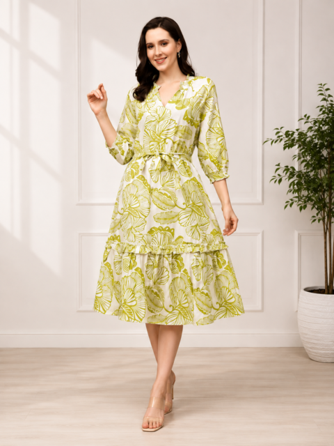 RANGRIWAZ Women’s Floral Printed Midi Dress with 3/4 Sleeves, Waist Tie & Ruffle Hem