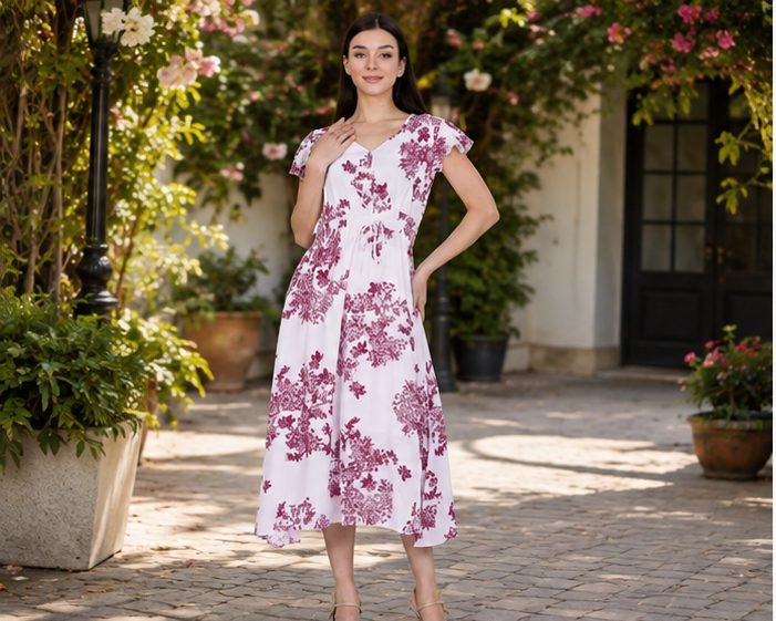 Rangriwaz White & Magenta Floral Printed Fit & Flare Midi Dress - Image 2