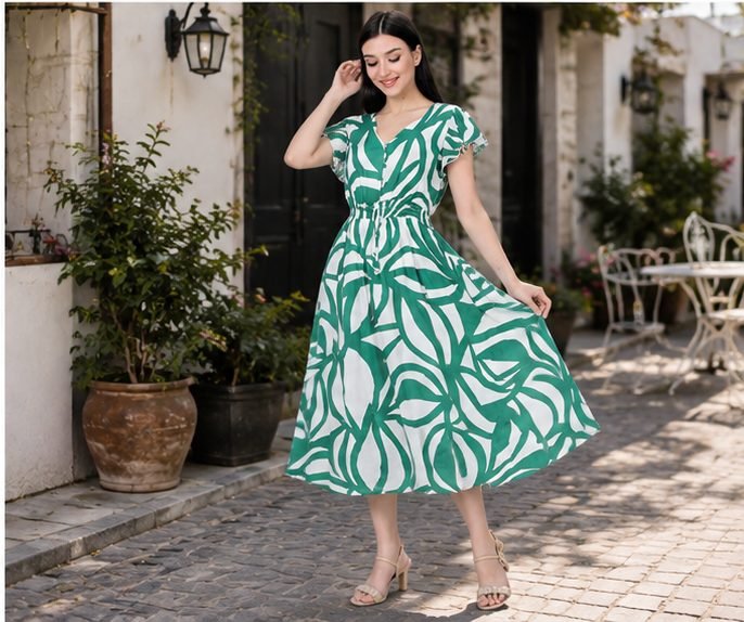 Rangriwaz Green & White Abstract Leaf Printed Crepe Fit & Flare Midi Dres - Image 2
