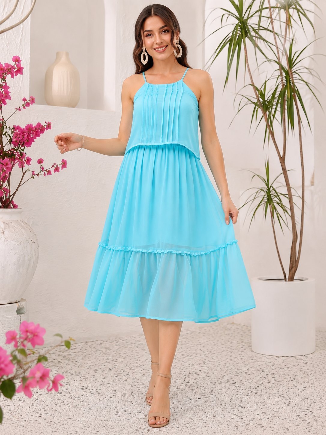 RANGRIWAZ Women Solid Aqua Blue Pleated Tiered Midi Dress