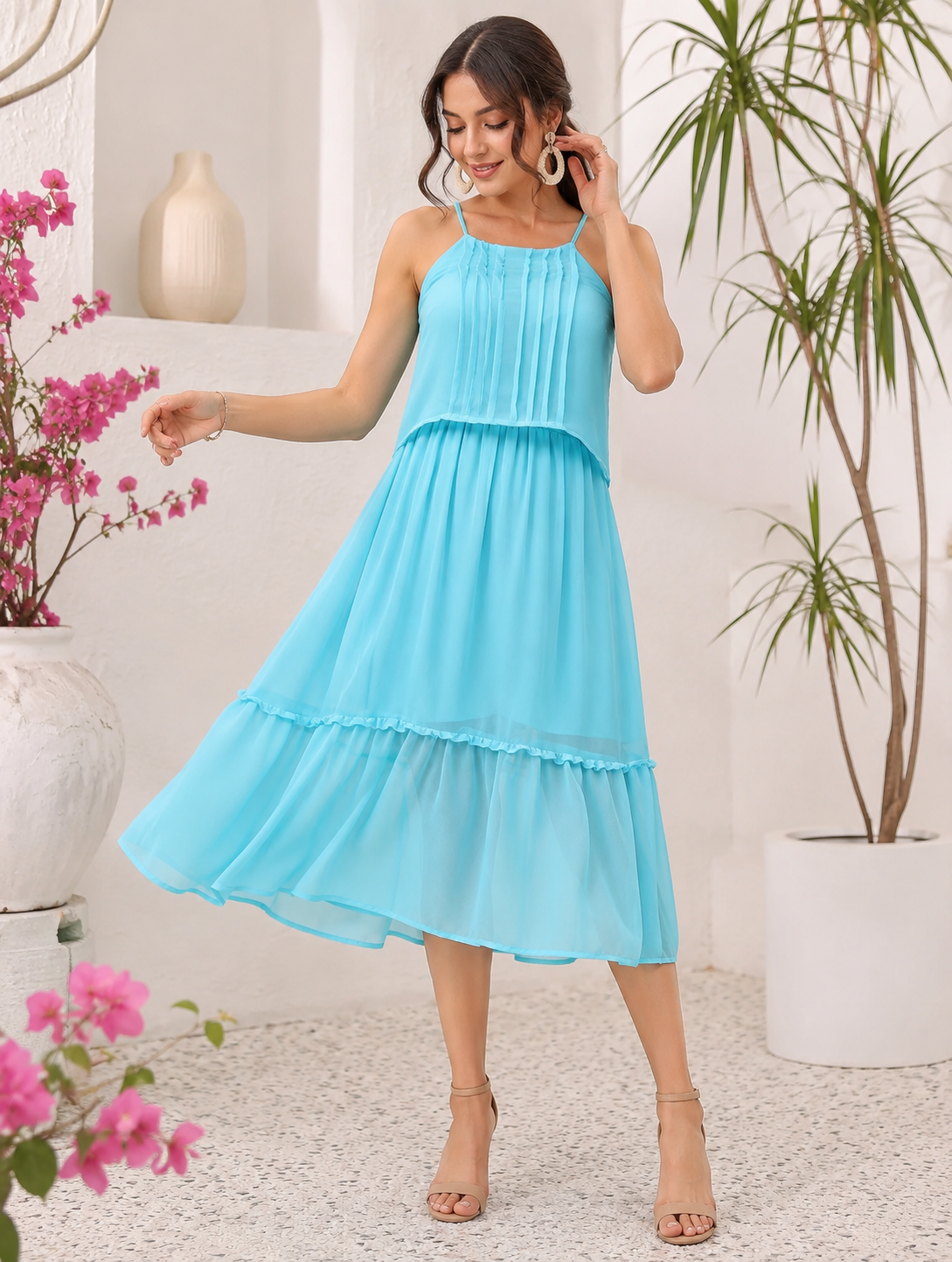 RANGRIWAZ Women Solid Aqua Blue Pleated Tiered Midi Dress - Image 4