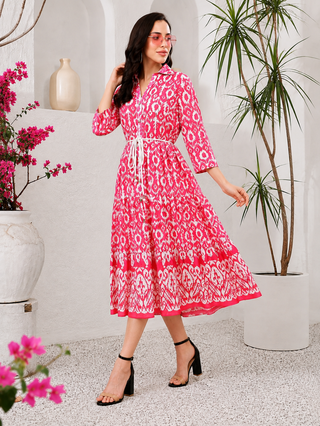 RANGRIWAZ Women’s Pink & White Printed Collared Fit & Flare Midi Dress - Image 3