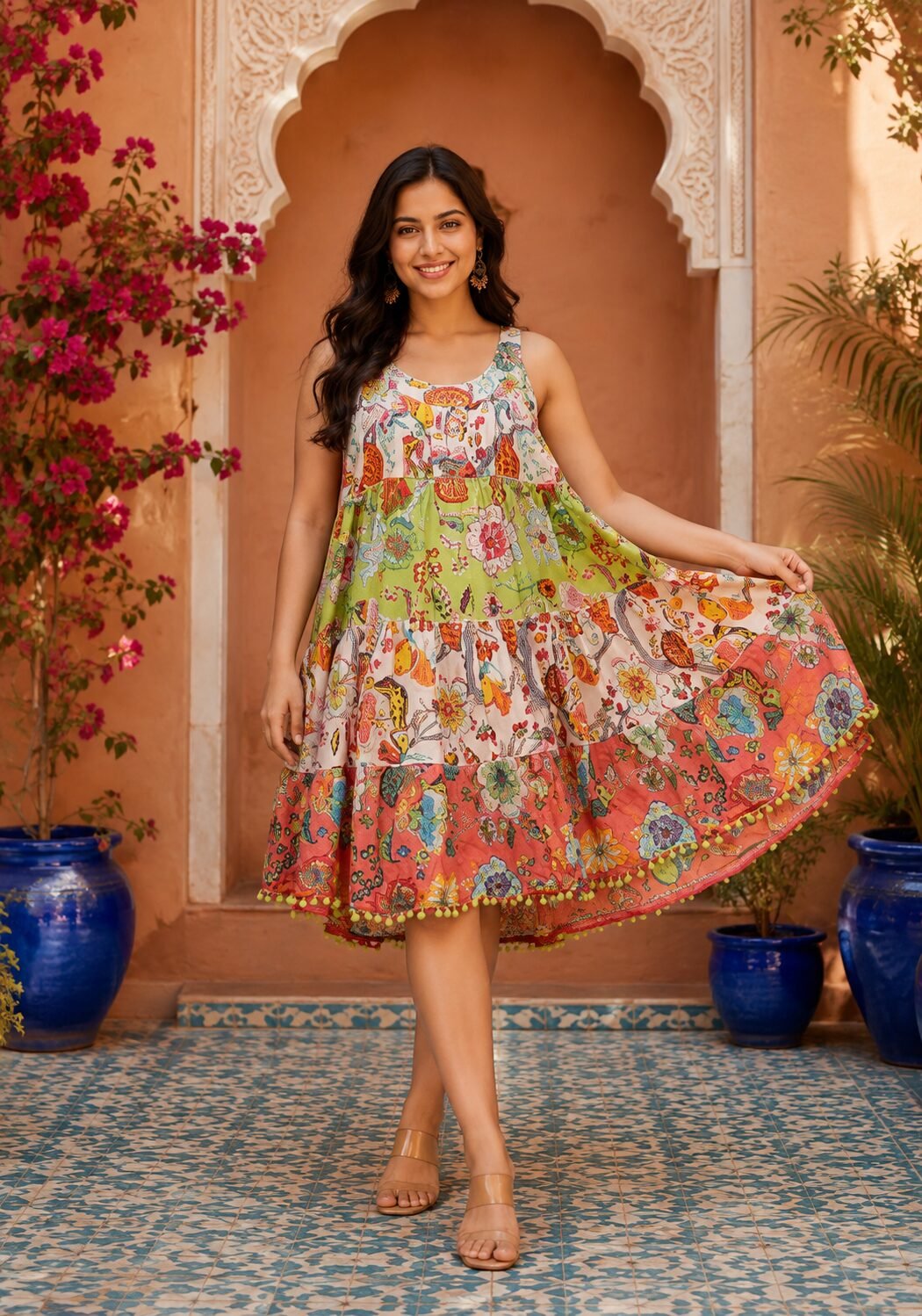 RANGRIWAZ Women Multicolour Bohemian Floral Paisley Printed Tiered Fit & Flare Midi Dress