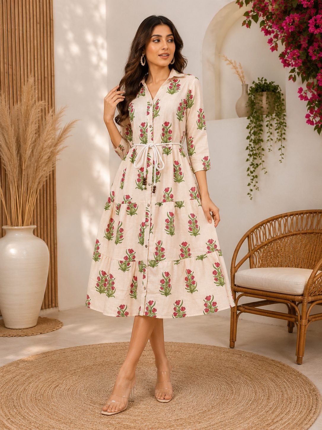 RANGRIWAZ Women Cream Floral Printed Shirt Collar Tiered Midi Dress with Waist Tie-Up