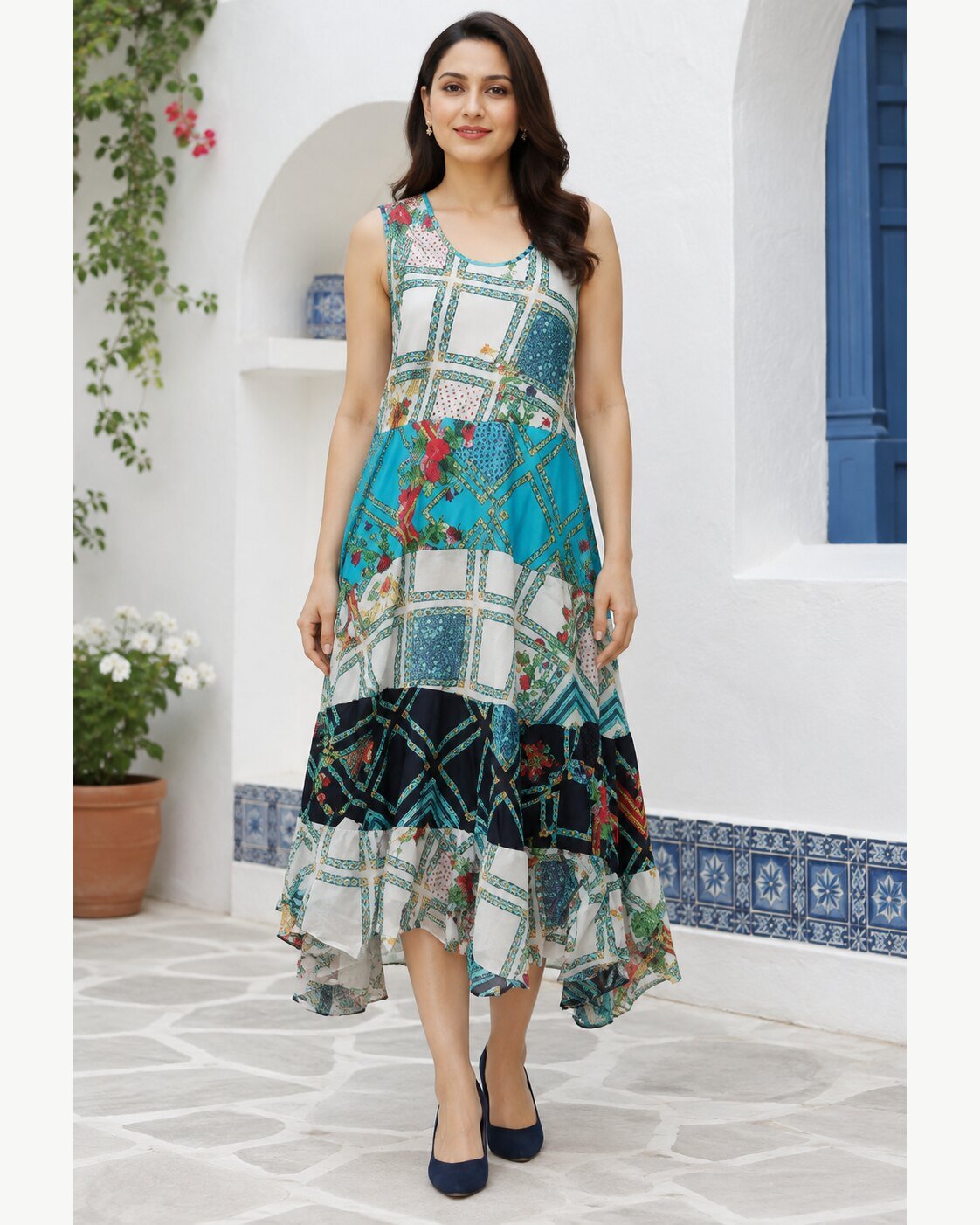 RANGRIWAZ Women Blue Multicolour Patchwork Printed High-Low Midi Dress