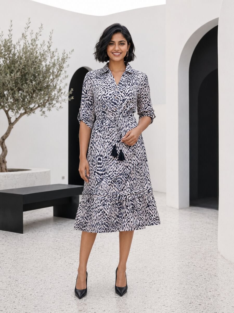 RANGRIWAZ Women Black & White Abstract Printed Belted Tiered Midi Shirt Dress