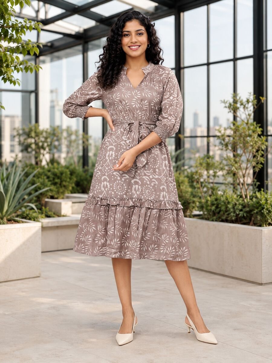 RANGRIWAZ Women Taupe & White Mixed Print Ruffle Tiered Midi Dress
