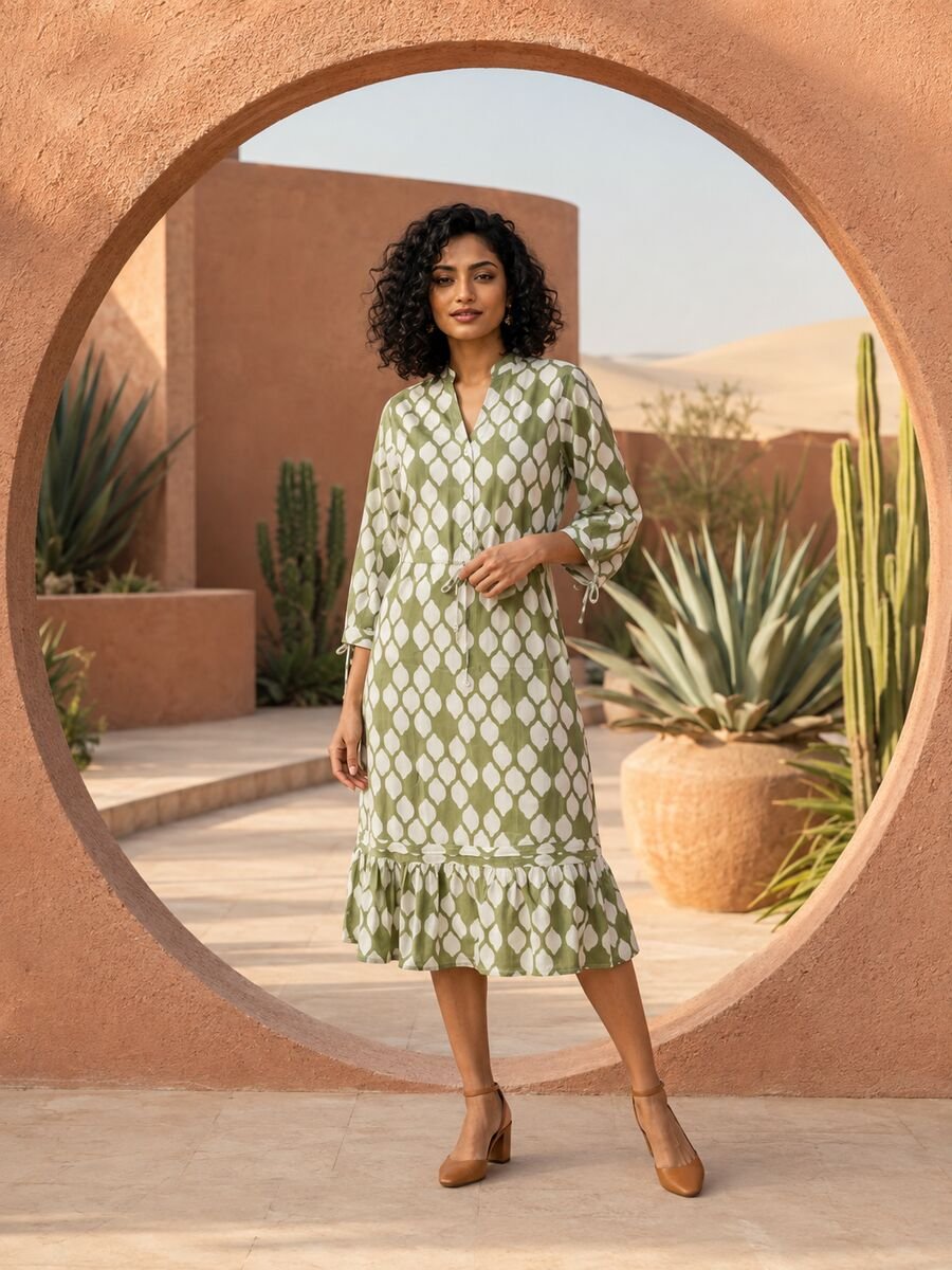 RANGRIWAZ Women Olive Green & Ivory Ikat Print Drawstring Tiered Midi Dress