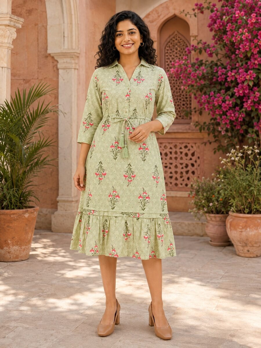 RANGRIWAZ Women Sage Green Floral Printed Collared Drawstring Midi Dress
