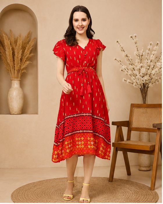 RANGRIWAZ Women Red Printed Fit & Flare Knee Length Dress