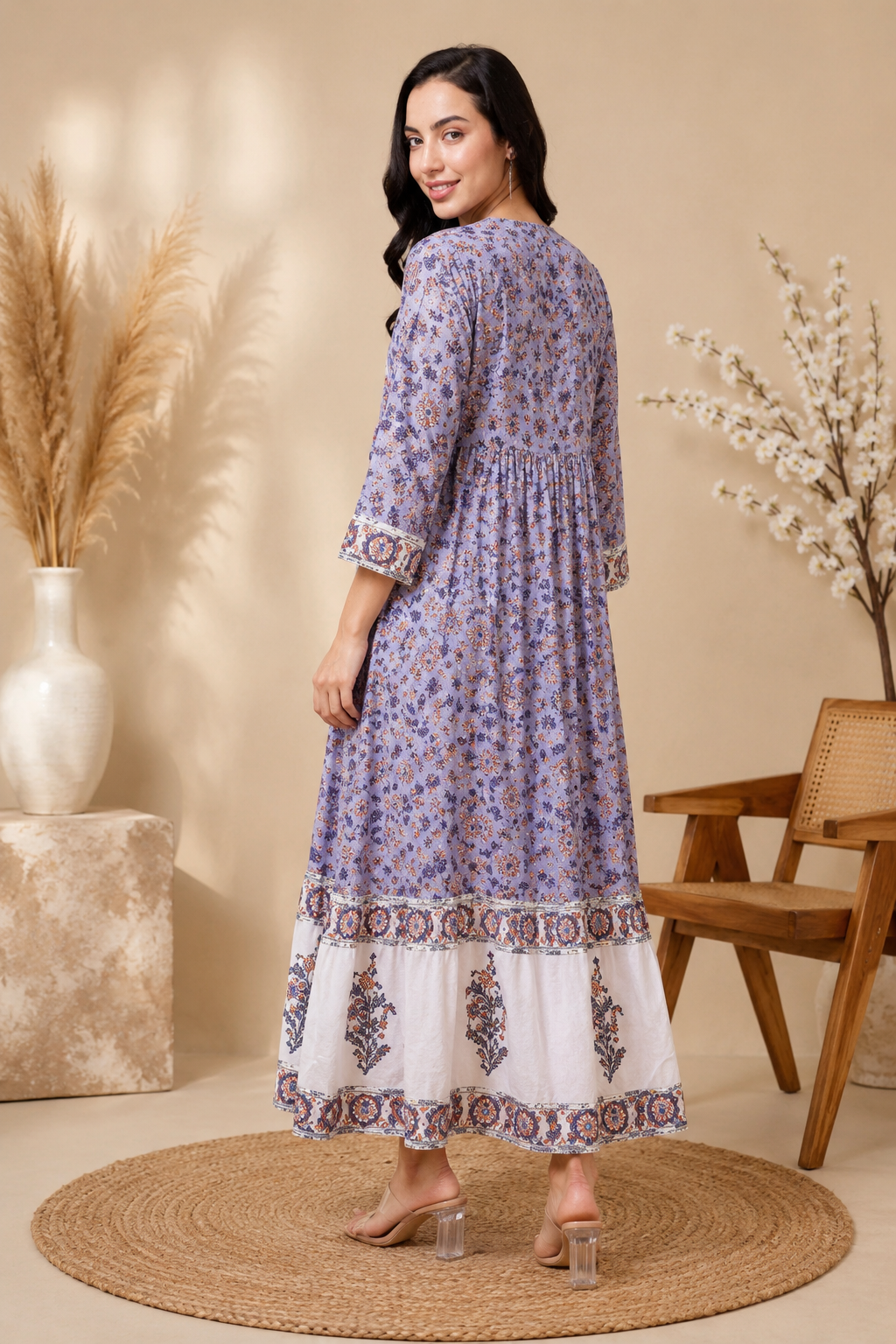 RANGRIWAZ Women Lavender Printed Anarkali Maxi Dress with 3/4 Sleeves - Image 4