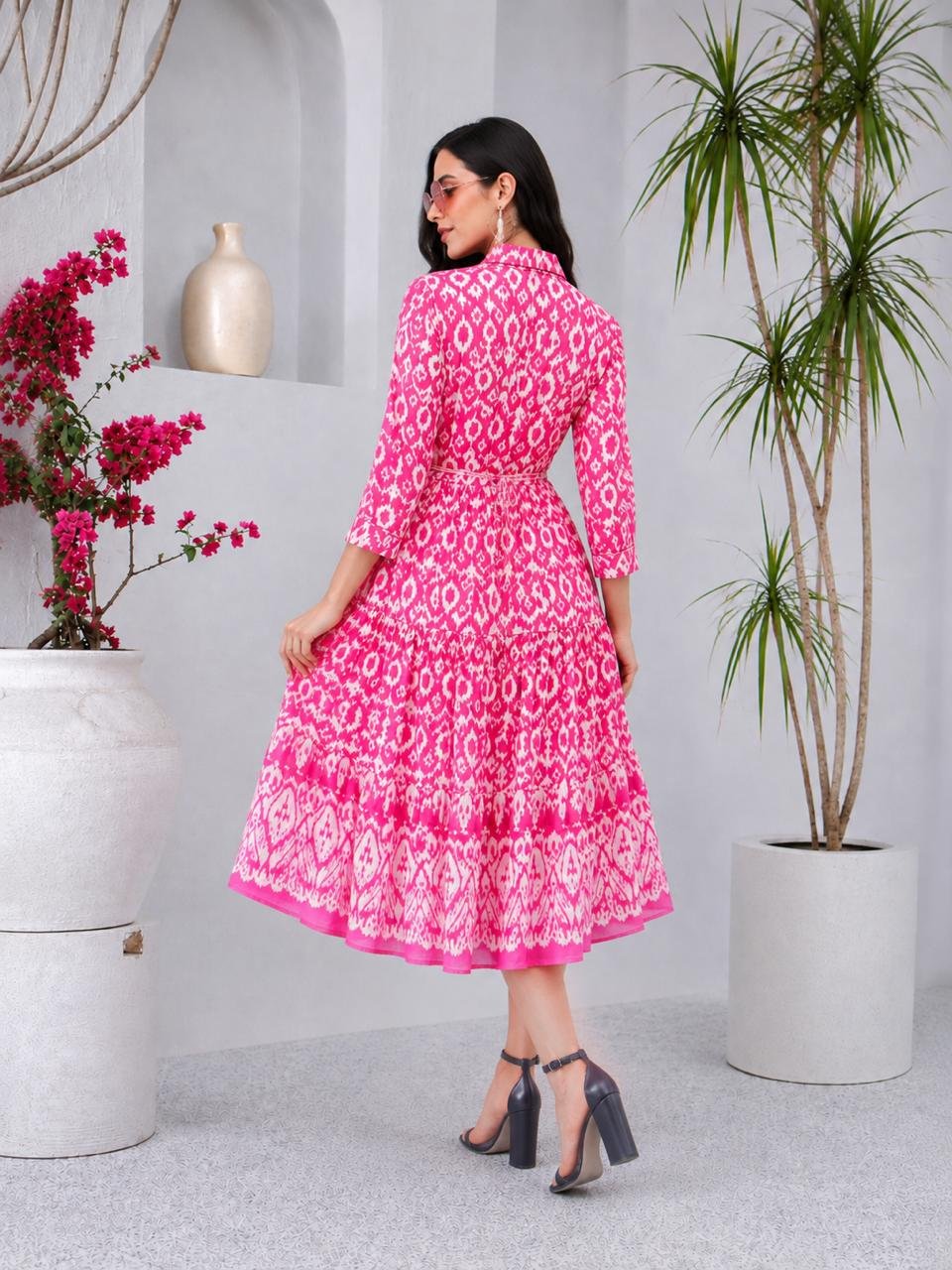 RANGRIWAZ Women’s Pink & White Printed Collared Fit & Flare Midi Dress - Image 2