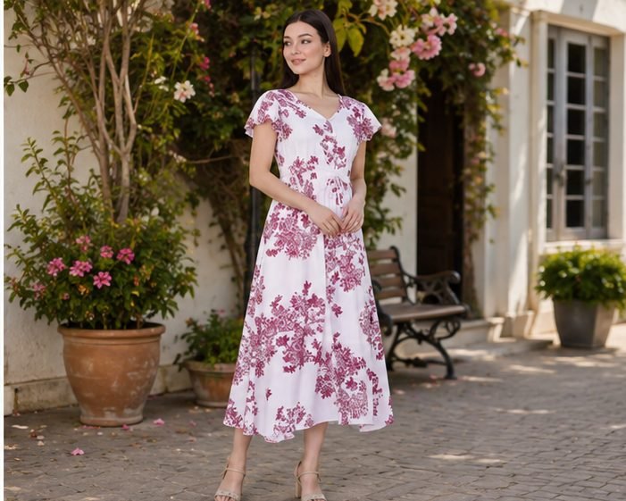 Rangriwaz White & Magenta Floral Printed Fit & Flare Midi Dress - Image 3