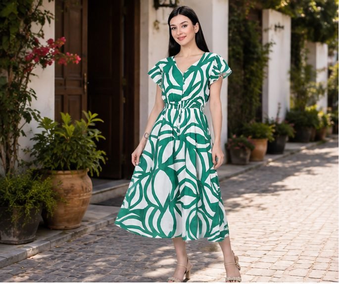 Rangriwaz Green & White Abstract Leaf Printed Crepe Fit & Flare Midi Dres