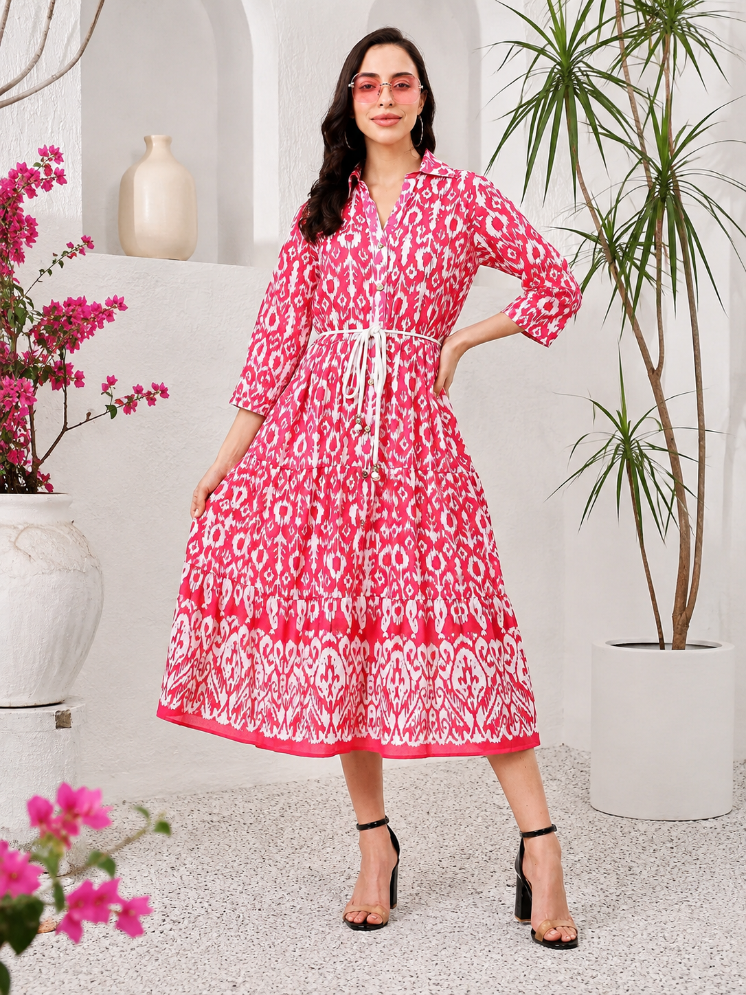 RANGRIWAZ Women’s Pink & White Printed Collared Fit & Flare Midi Dress - Image 4