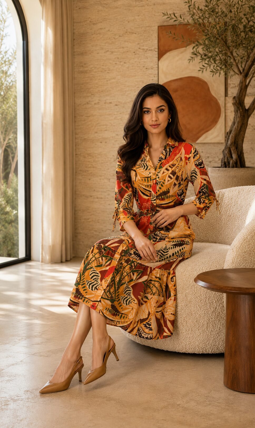 RANGRIWAZ Women Multicolour Abstract Tropical Printed Button-Front Fit & Flare Midi Dress with Tie-Up Waist