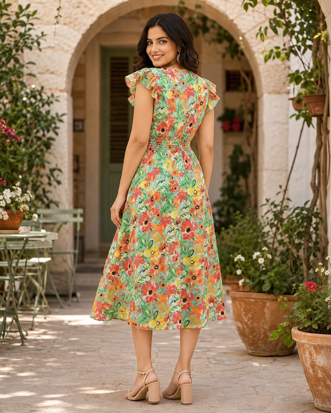 RANGRIWAZ Women Mint Green Multicolour Floral Printed Smocked-Waist Fit & Flare Midi Dress - Image 3