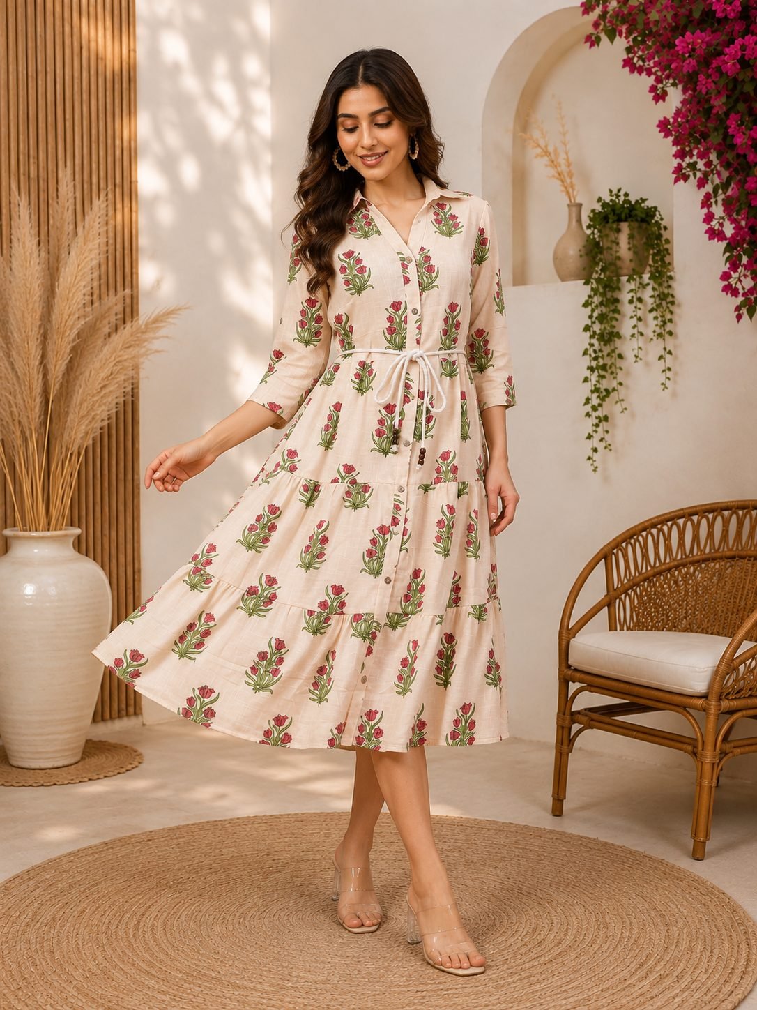 RANGRIWAZ Women Cream Floral Printed Shirt Collar Tiered Midi Dress with Waist Tie-Up - Image 2