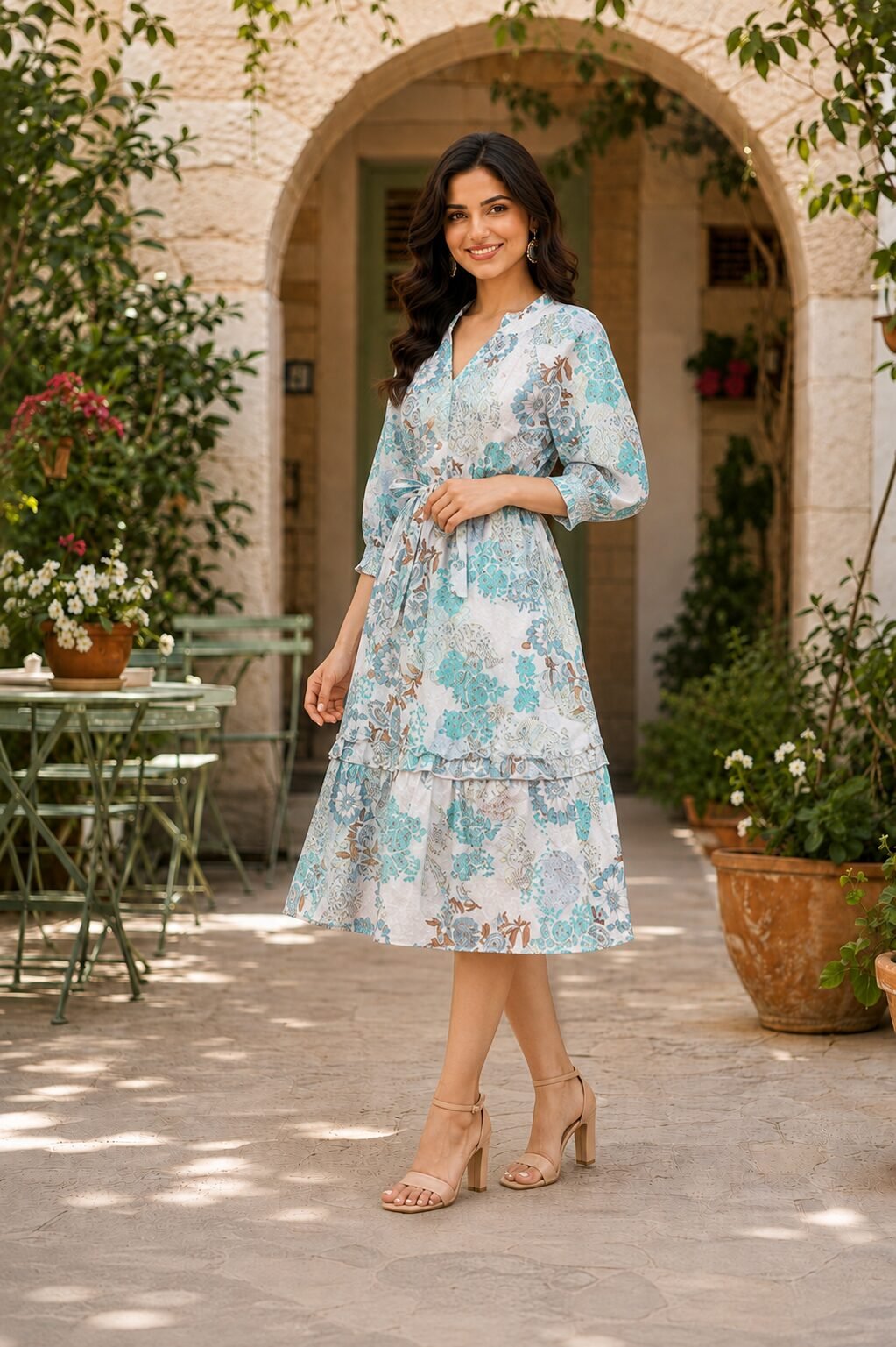 RANGRIWAZ Women Aqua Blue Floral Paisley Printed Fit & Flare Tiered Midi Dress with Tie-Up Waist - Image 2