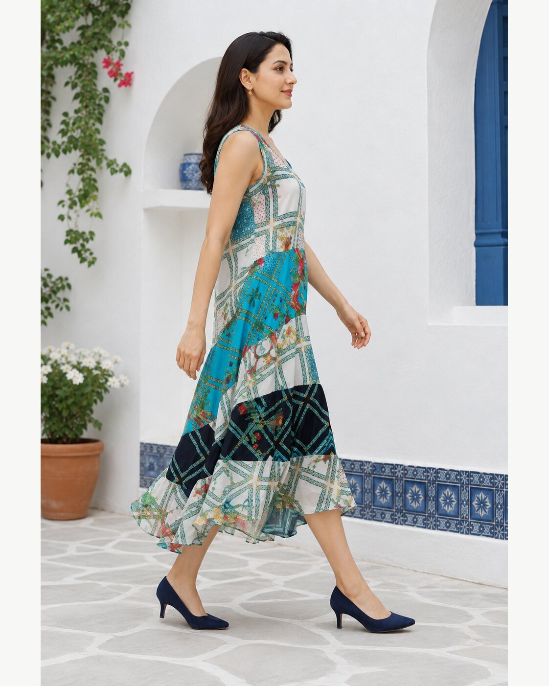 RANGRIWAZ Women Blue Multicolour Patchwork Printed High-Low Midi Dress - Image 2