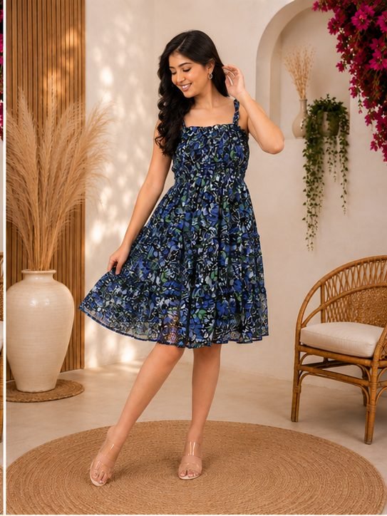 RANGRIWAZ Women Blue Floral Printed A-Line Midi Dress - Image 4