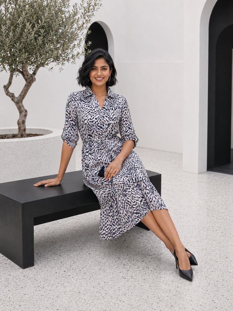 RANGRIWAZ Women Black & White Abstract Printed Belted Tiered Midi Shirt Dress - Image 2