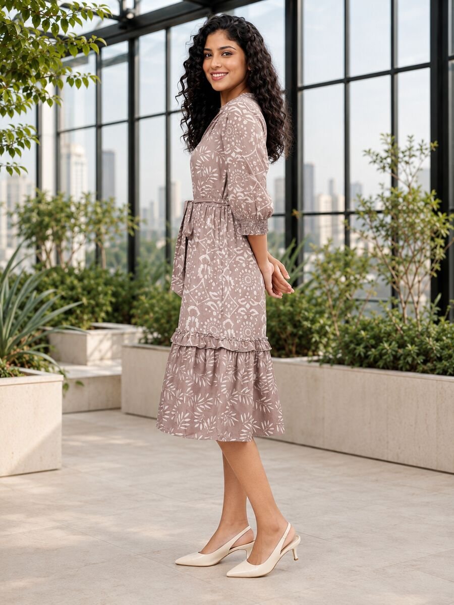 RANGRIWAZ Women Taupe & White Mixed Print Ruffle Tiered Midi Dress - Image 2