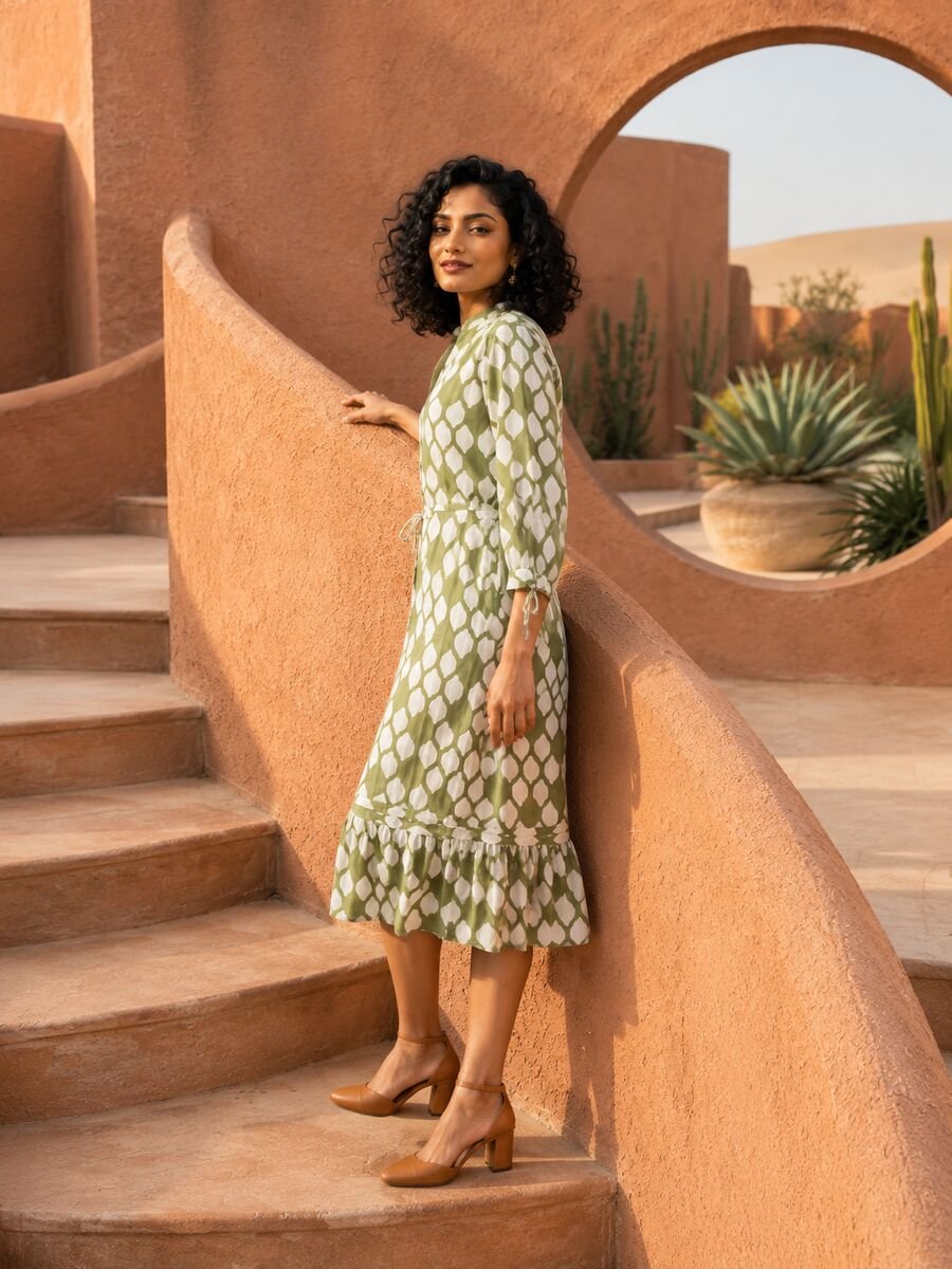 RANGRIWAZ Women Olive Green & Ivory Ikat Print Drawstring Tiered Midi Dress - Image 2