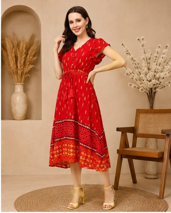 RANGRIWAZ Women Red Printed Fit & Flare Knee Length Dress - Image 2