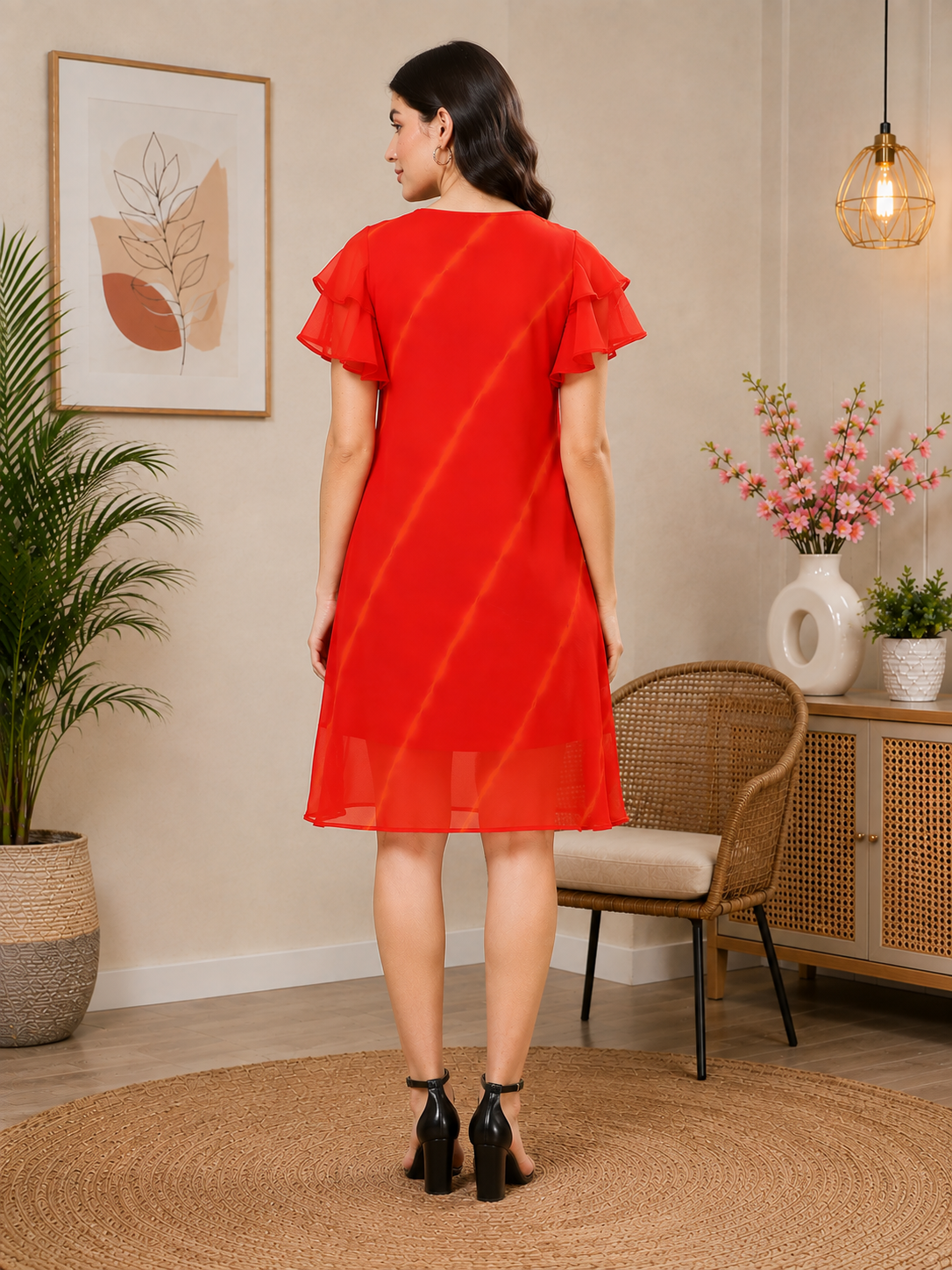 RANGRIWAZ Women Solid Red A-Line Dress with Ruffle Sleeves & Sheer Hem - Image 2