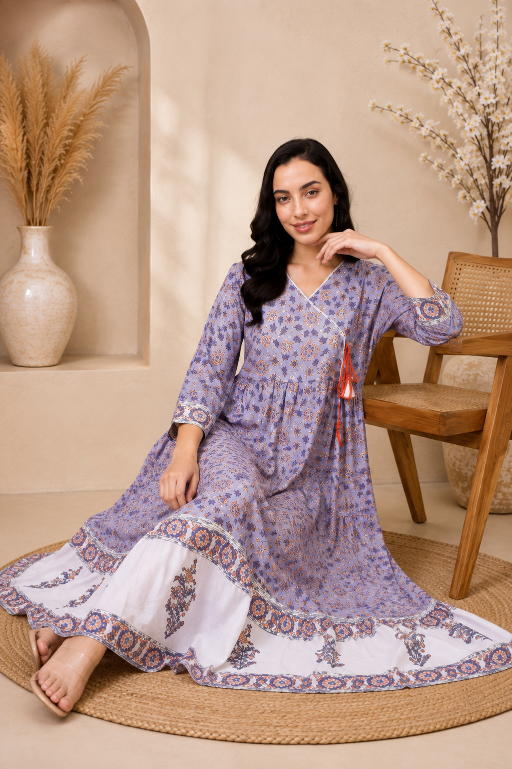 RANGRIWAZ Women Lavender Printed Anarkali Maxi Dress with 3/4 Sleeves - Image 3