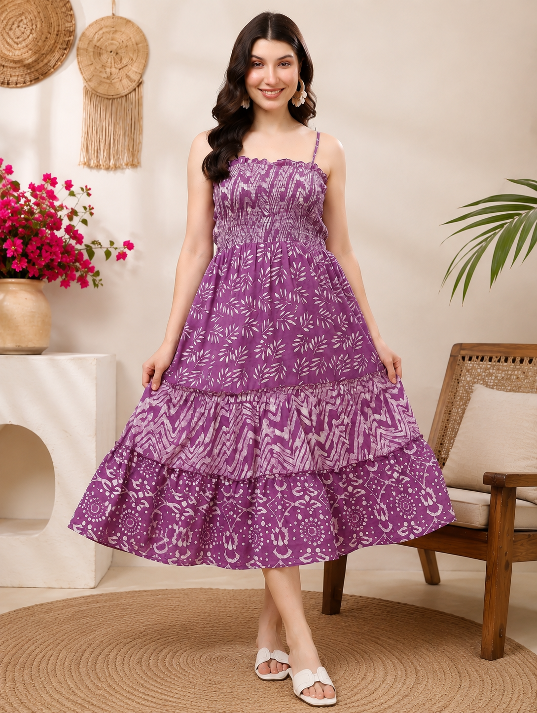 RANGRIWAZ Women’s Purple Printed Tiered Maxi Dress with Spaghetti Straps