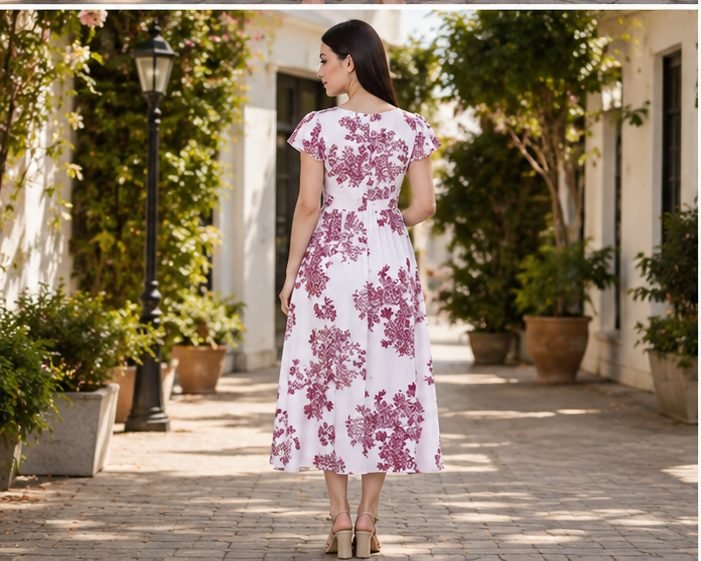 Rangriwaz White & Magenta Floral Printed Fit & Flare Midi Dress - Image 4