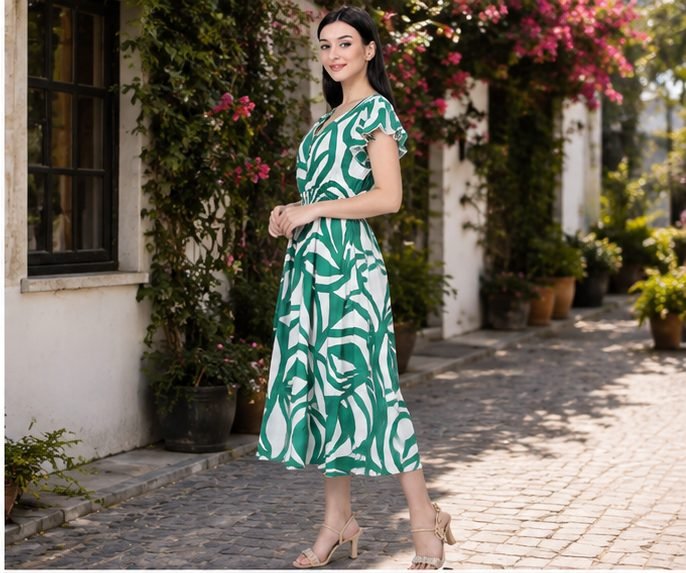 Rangriwaz Green & White Abstract Leaf Printed Crepe Fit & Flare Midi Dres - Image 3