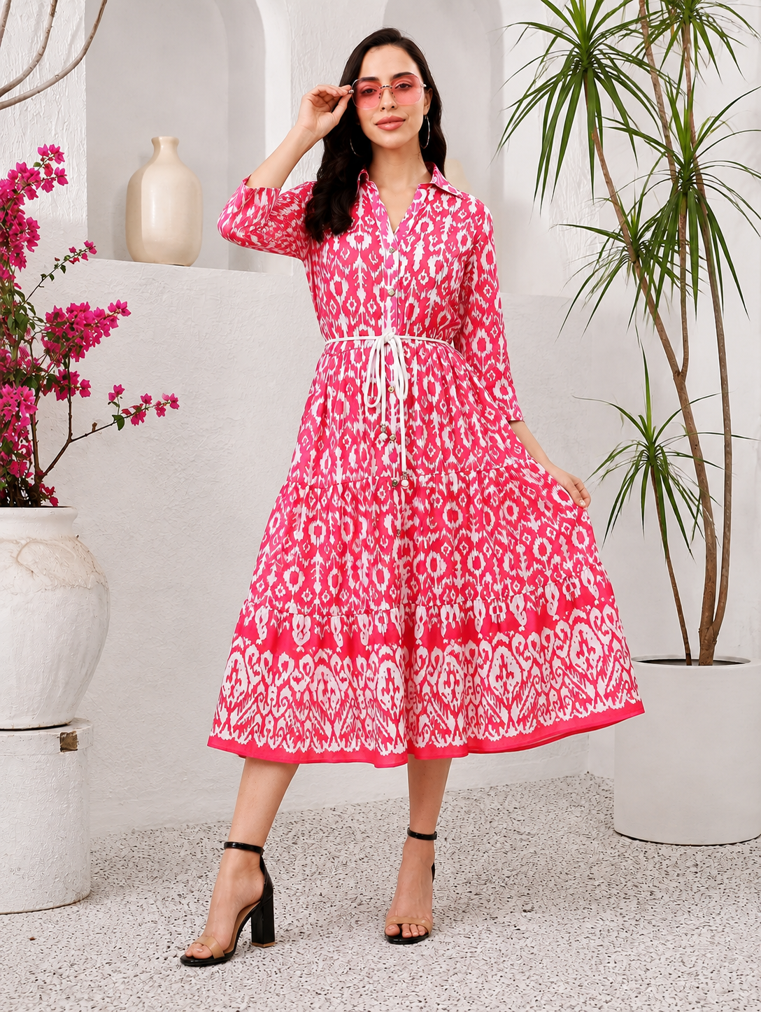 RANGRIWAZ Women’s Pink & White Printed Collared Fit & Flare Midi Dress
