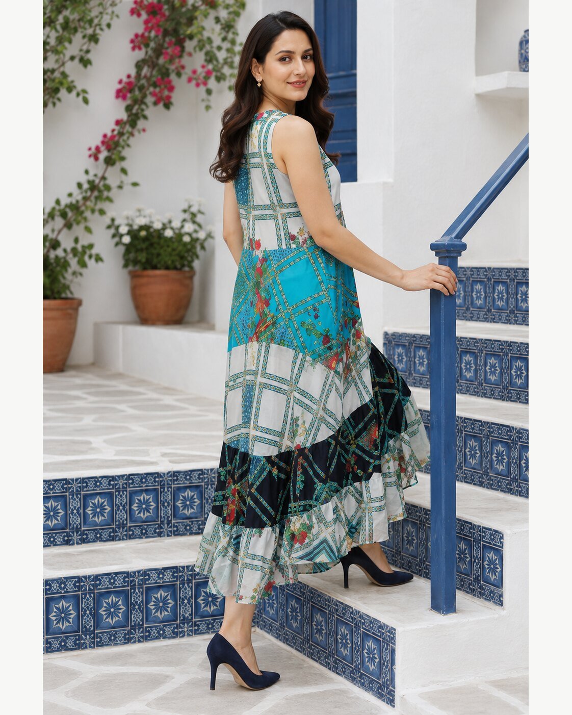 RANGRIWAZ Women Blue Multicolour Patchwork Printed High-Low Midi Dress - Image 3