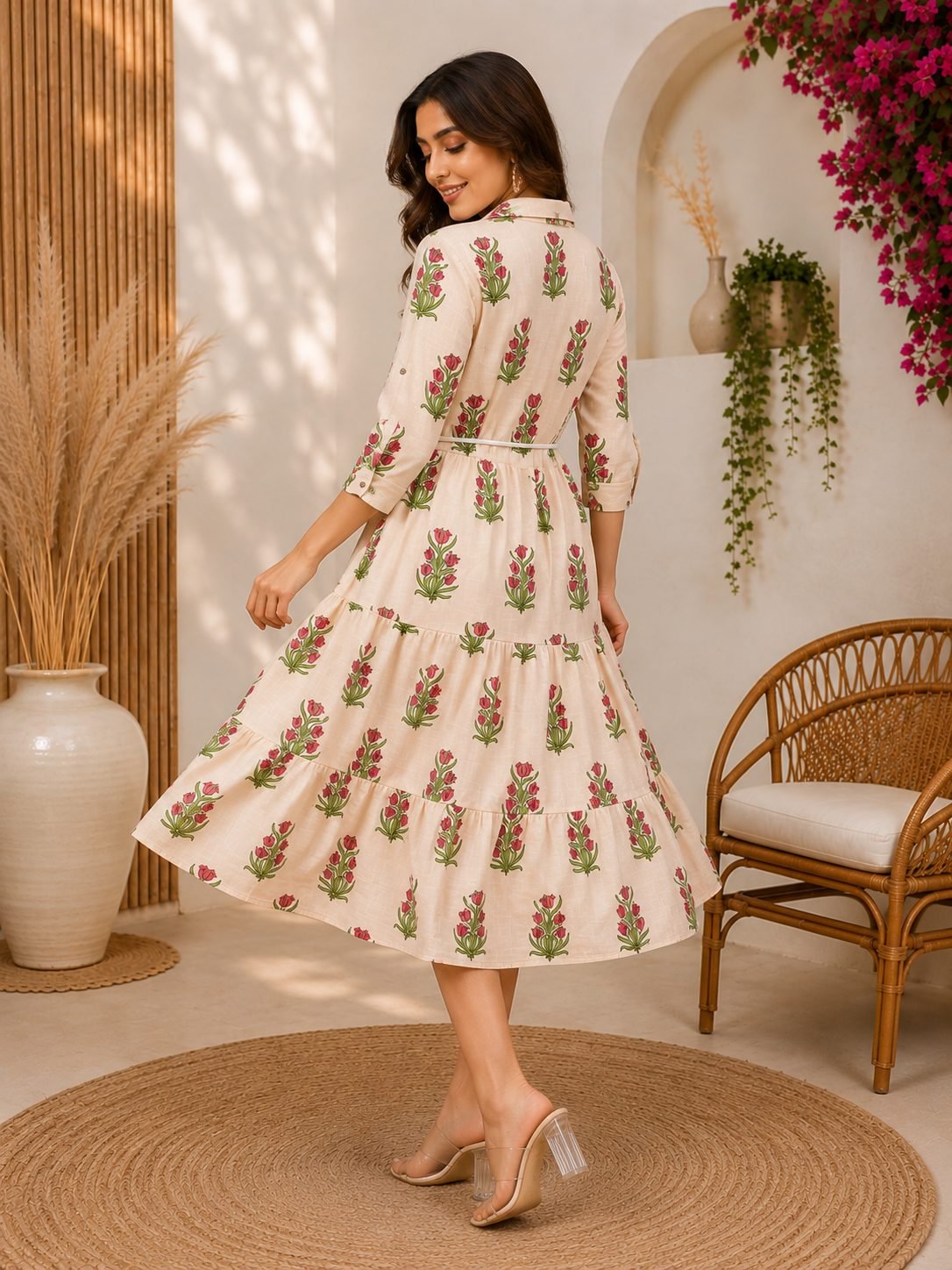 RANGRIWAZ Women Cream Floral Printed Shirt Collar Tiered Midi Dress with Waist Tie-Up - Image 3