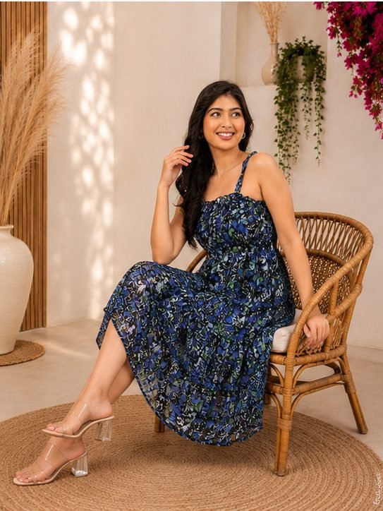 RANGRIWAZ Women Blue Floral Printed A-Line Midi Dress - Image 3