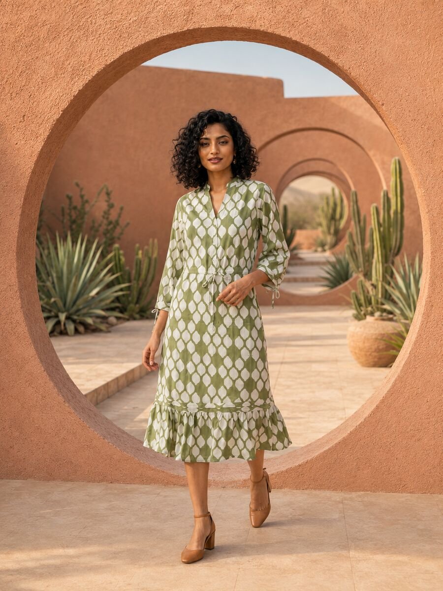 RANGRIWAZ Women Olive Green & Ivory Ikat Print Drawstring Tiered Midi Dress - Image 3