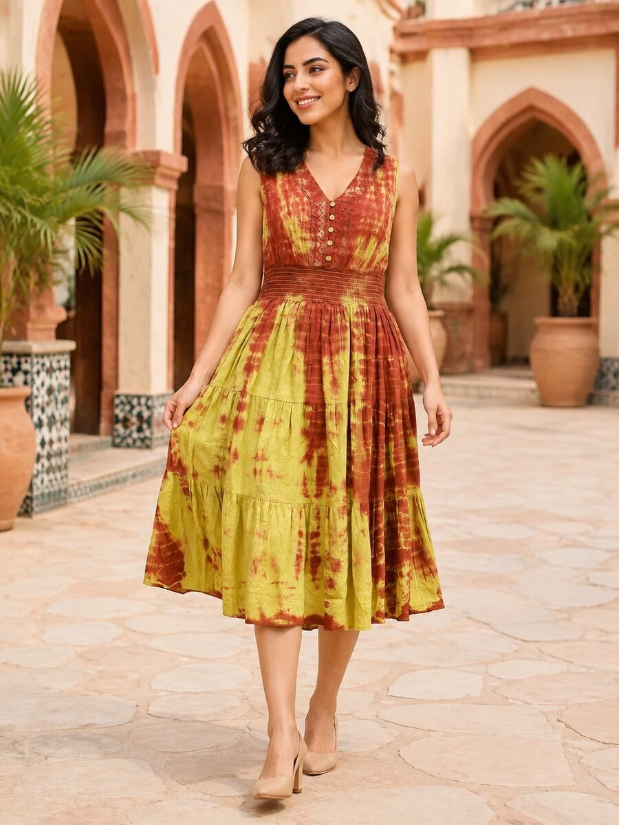 RANGRIWAZ Women Rust Red & Lime Green Tie-Dye Tiered Fit & Flare Midi Dress - Image 3