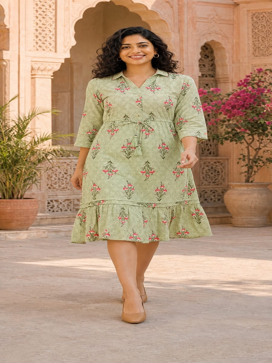 RANGRIWAZ Women Sage Green Floral Printed Collared Drawstring Midi Dress - Image 3