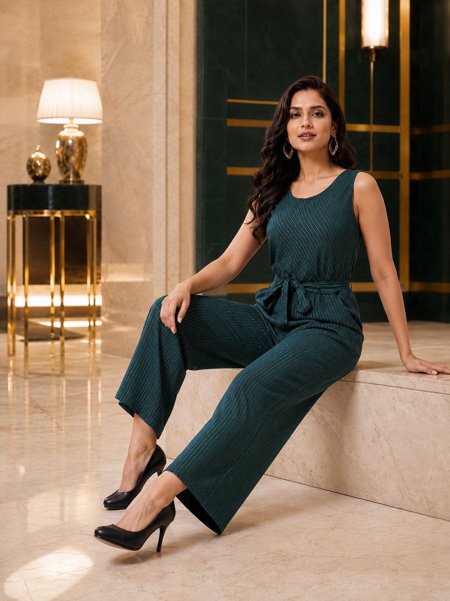 RANGRIWAZ Women Dark Teal Metallic Striped Sleeveless Wide-Leg Jumpsuit with Tie-Up Waist - Image 4