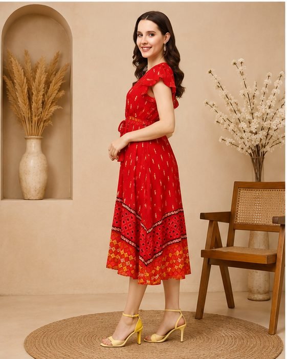 RANGRIWAZ Women Red Printed Fit & Flare Knee Length Dress - Image 3