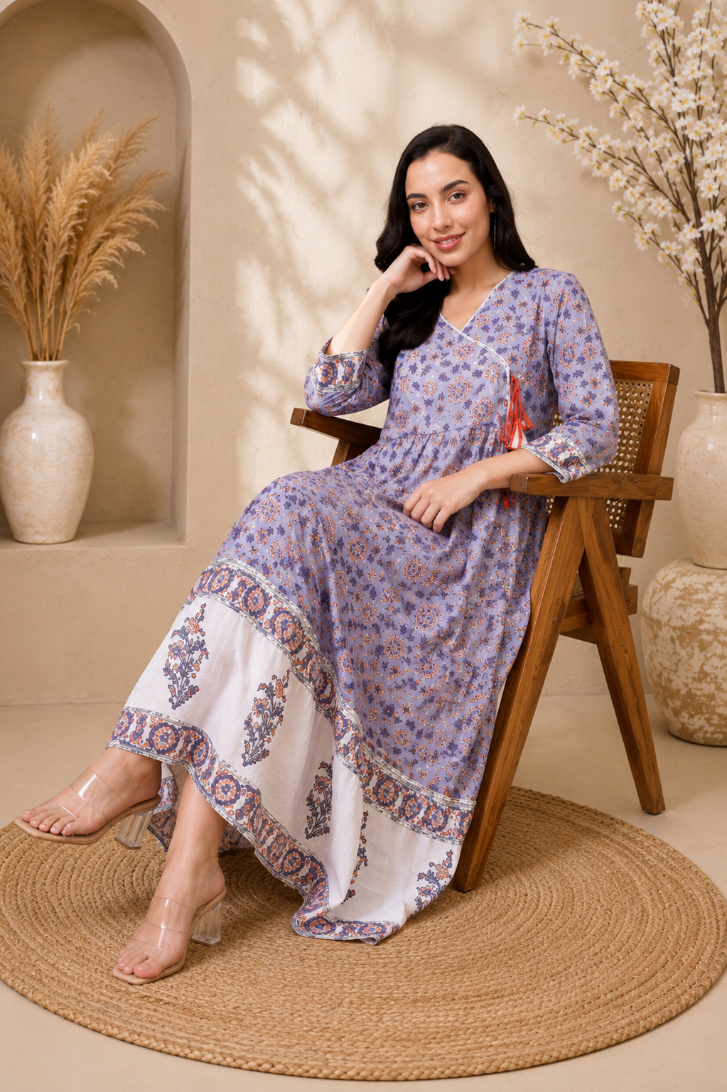 RANGRIWAZ Women Lavender Printed Anarkali Maxi Dress with 3/4 Sleeves - Image 2
