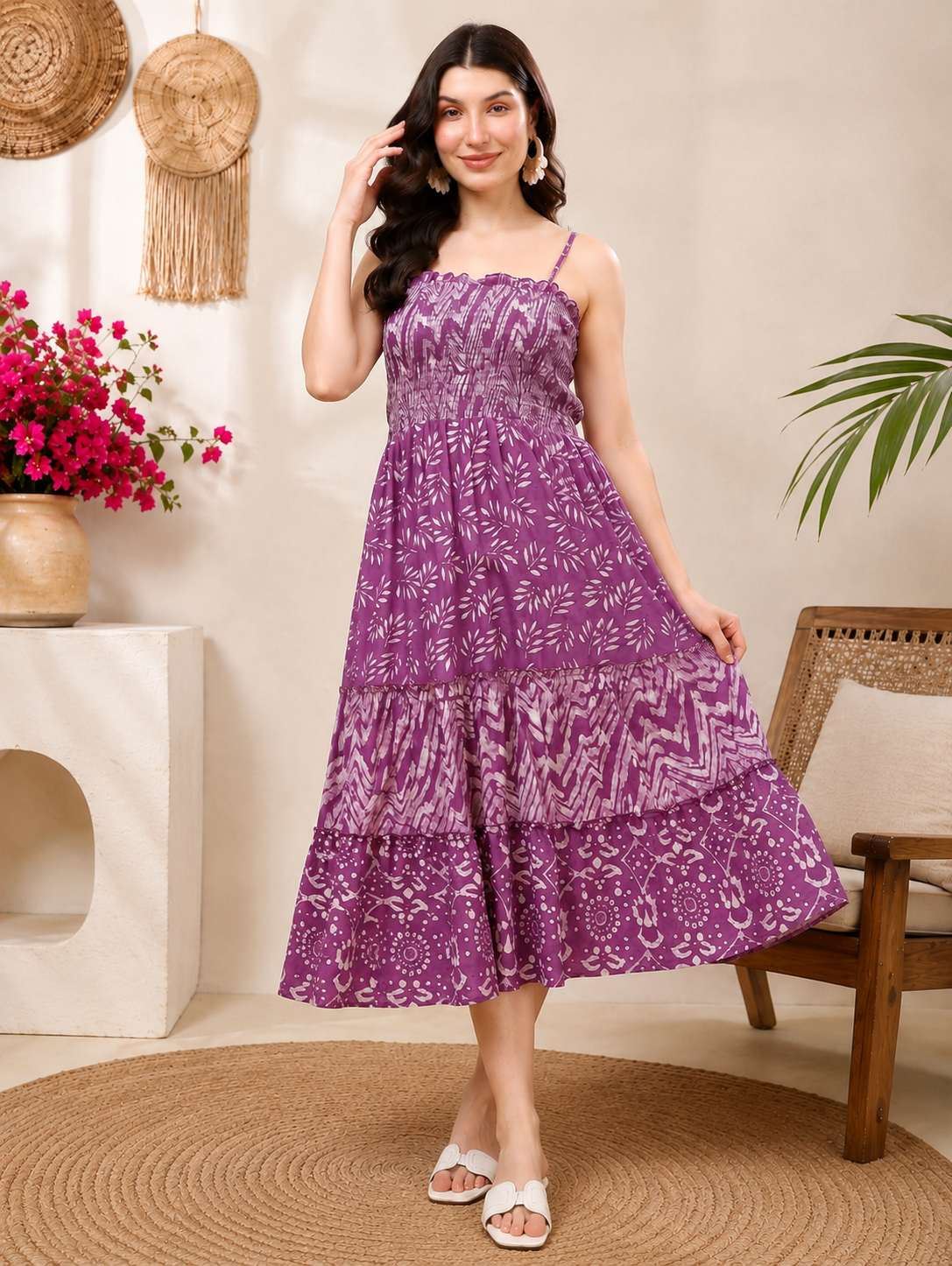 RANGRIWAZ Women’s Purple Printed Tiered Maxi Dress with Spaghetti Straps - Image 4